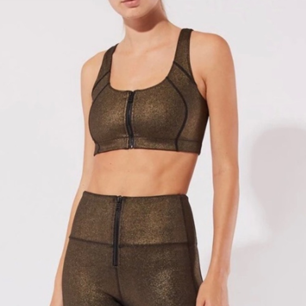 Bandier Solid & Striped High Tide Zip Front Sports Bra Gold Foil NWT Small
